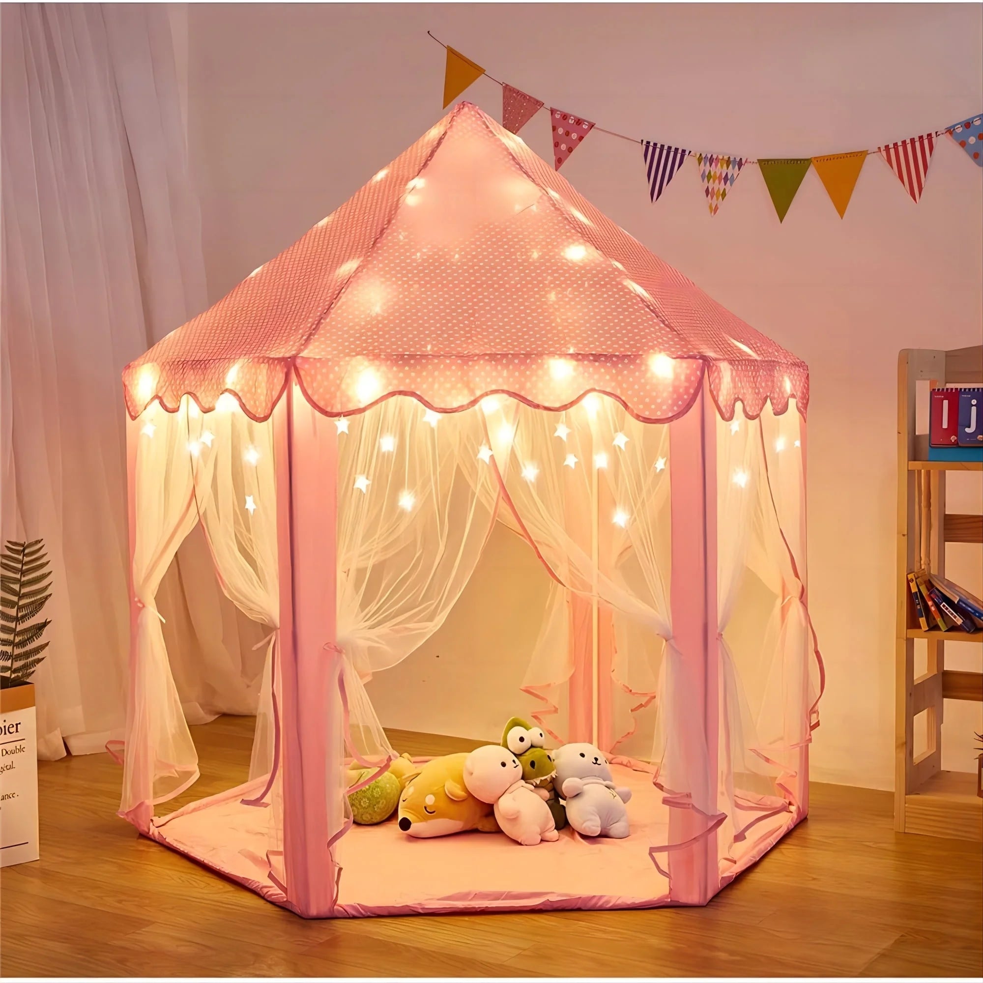 Princess Castle Play Tents with LED Star Lights,Large Size 55" X 53" Pink Hexagon Playhouses Kids Toys for Children Toddlers Indoor Outdoor Games