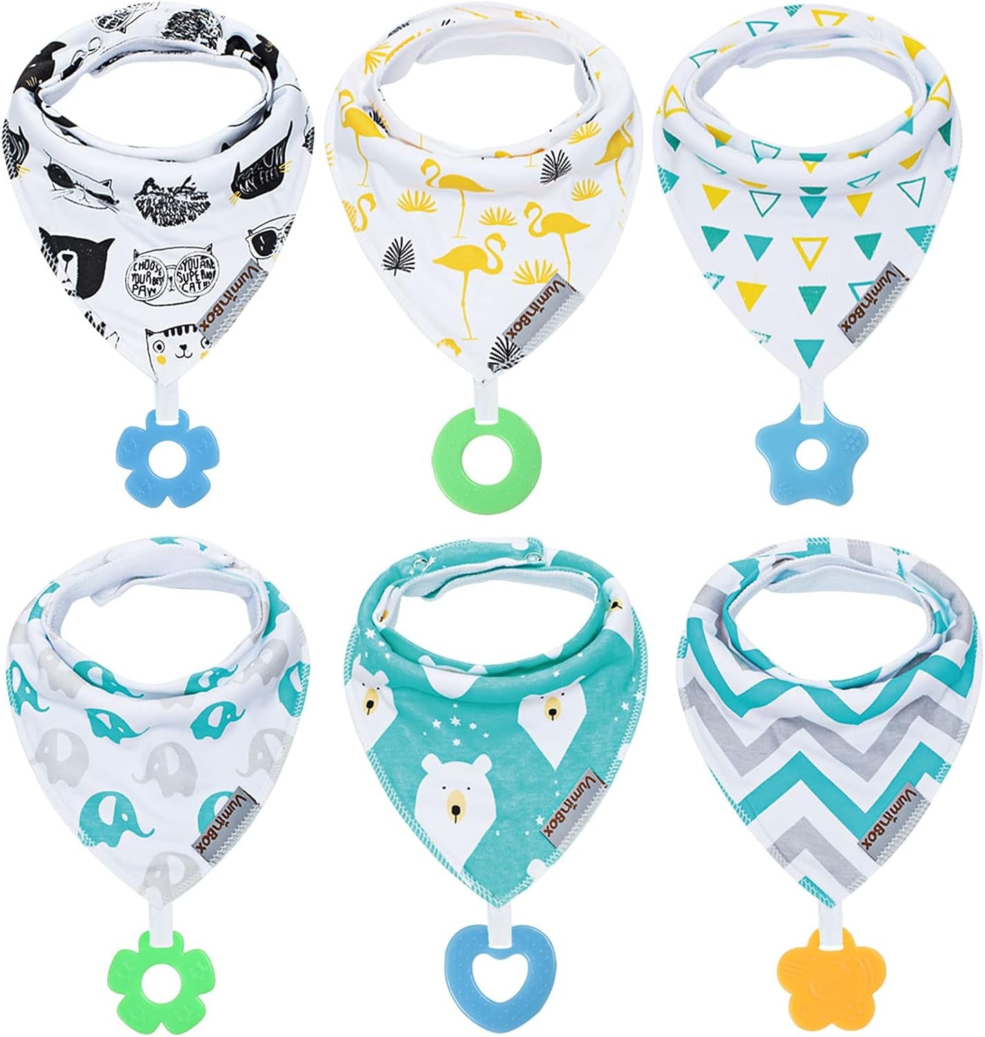 Baby Bandana Drool Bibs 6-Pack and Teething Toys 6-Pack Made with 100% Organic Cotton, Absorbent and Soft Unisex
