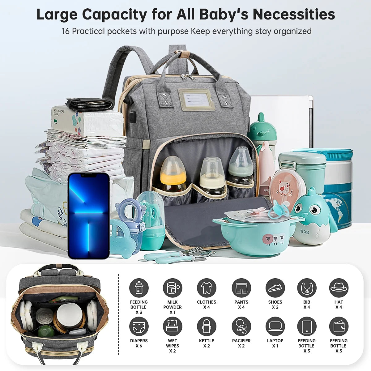 Diaper Bag Backpack, Multifunctional Baby Changing Bag with Foldable Crib & Insulated Milk Bottle Pocket, Large Capacity Travel Backpack with USB Charging Port & Stroller Strap (Grey)