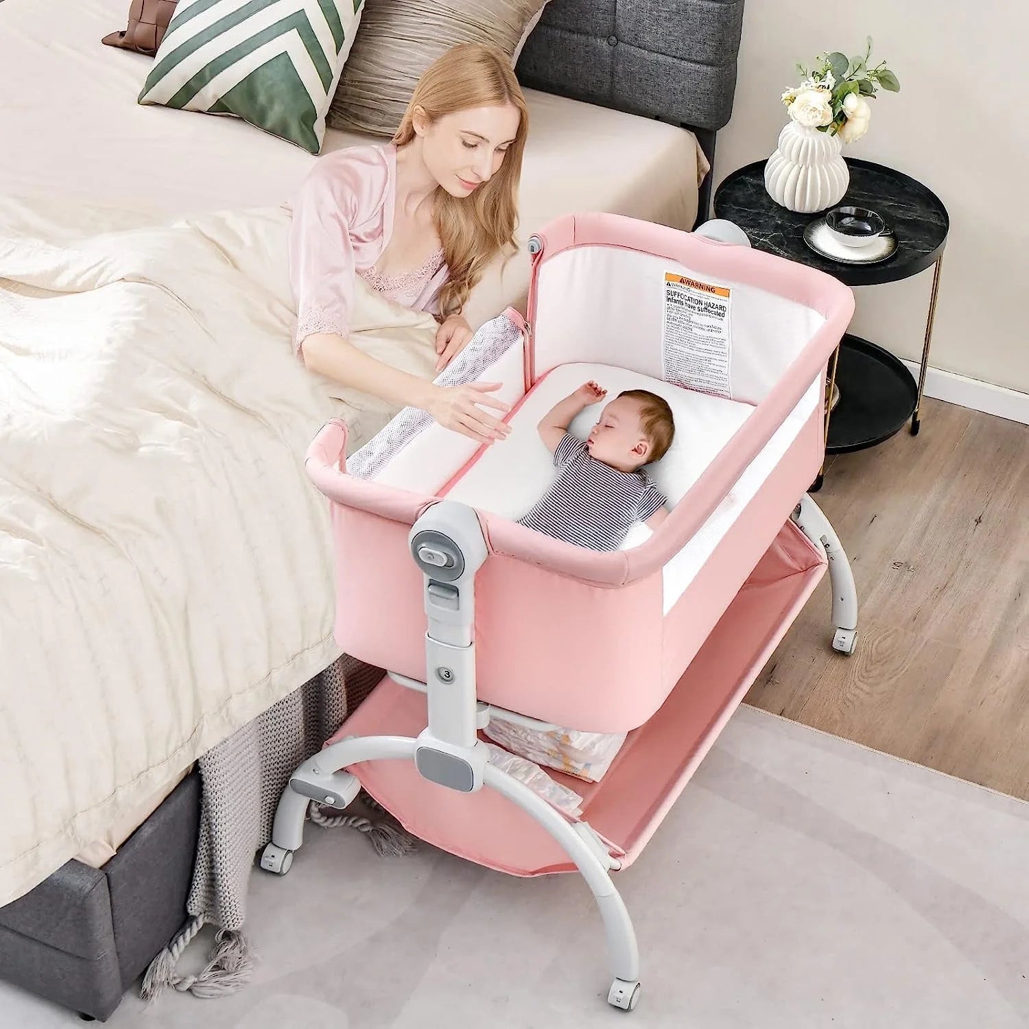 3 in 1 Baby Bassinet, Folding Bedside Sleeper Crib with Mattress Pad, Height Angle Adjustable, Portable Rocking Cradle with Wheels Storage Basket Travel Bag for Infant Newborn (Gray)
