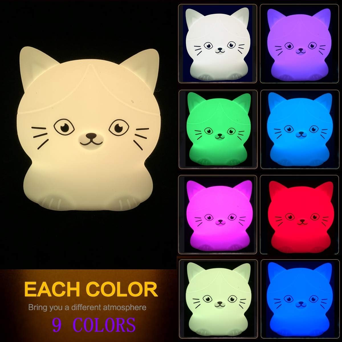 Cat Night Lights Children'S Room Lighting, Toddler Bedroom Sleep Lights Bedside Lamp - 9 Colors Lamps Room Decor for Toddlers/Boys/Girls/Adults/Bedroom/Bathroom/Outdoor/Camping - Medium