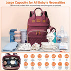 Diaper Bag Backpack, Multifunction Diaper Bag Backpack with Changing Station, USB Charging Port & Foldable Crib, Large Capacity Travel Backpack W/Sunshade&Pacifier Case&Stroller Straps(Red)