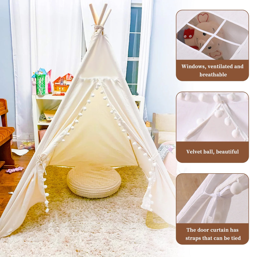 Teepee Tent for Kids, Play Tent with Pompom Ball Design,Washable Foldable Kids Tent for Indoor and Outdoor, Playhouse Toys for Toddler, Boys and Girls