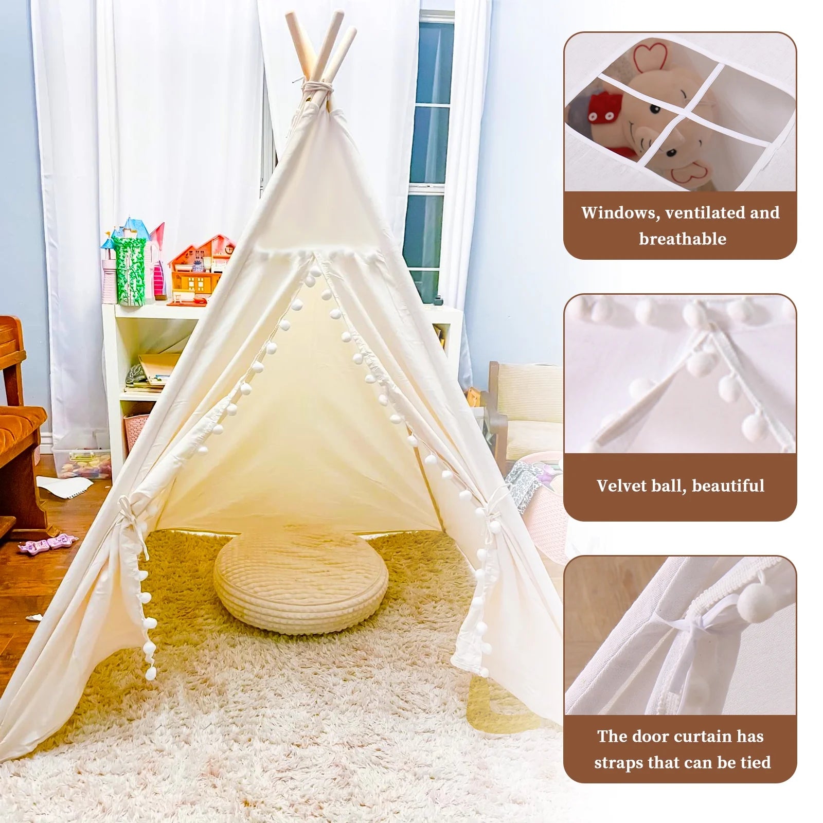 Teepee Tent for Kids, Play Tent with Pompom Ball Design,Washable Foldable Kids Tent for Indoor and Outdoor, Playhouse Toys for Toddler, Boys and Girls