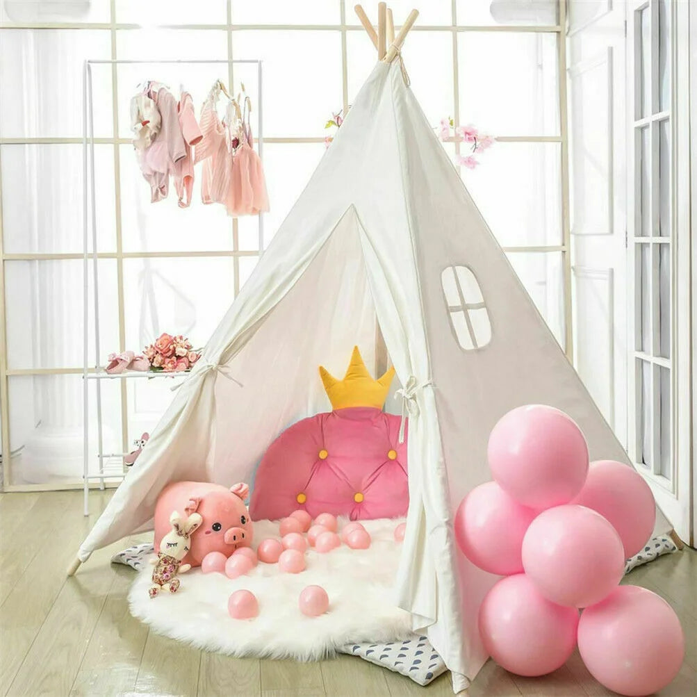 Teepee Tent for Kids, Natural Canvas Teepee Play Tent, Play House for Girls/Boys Indoor & Outdoor Playing (White)