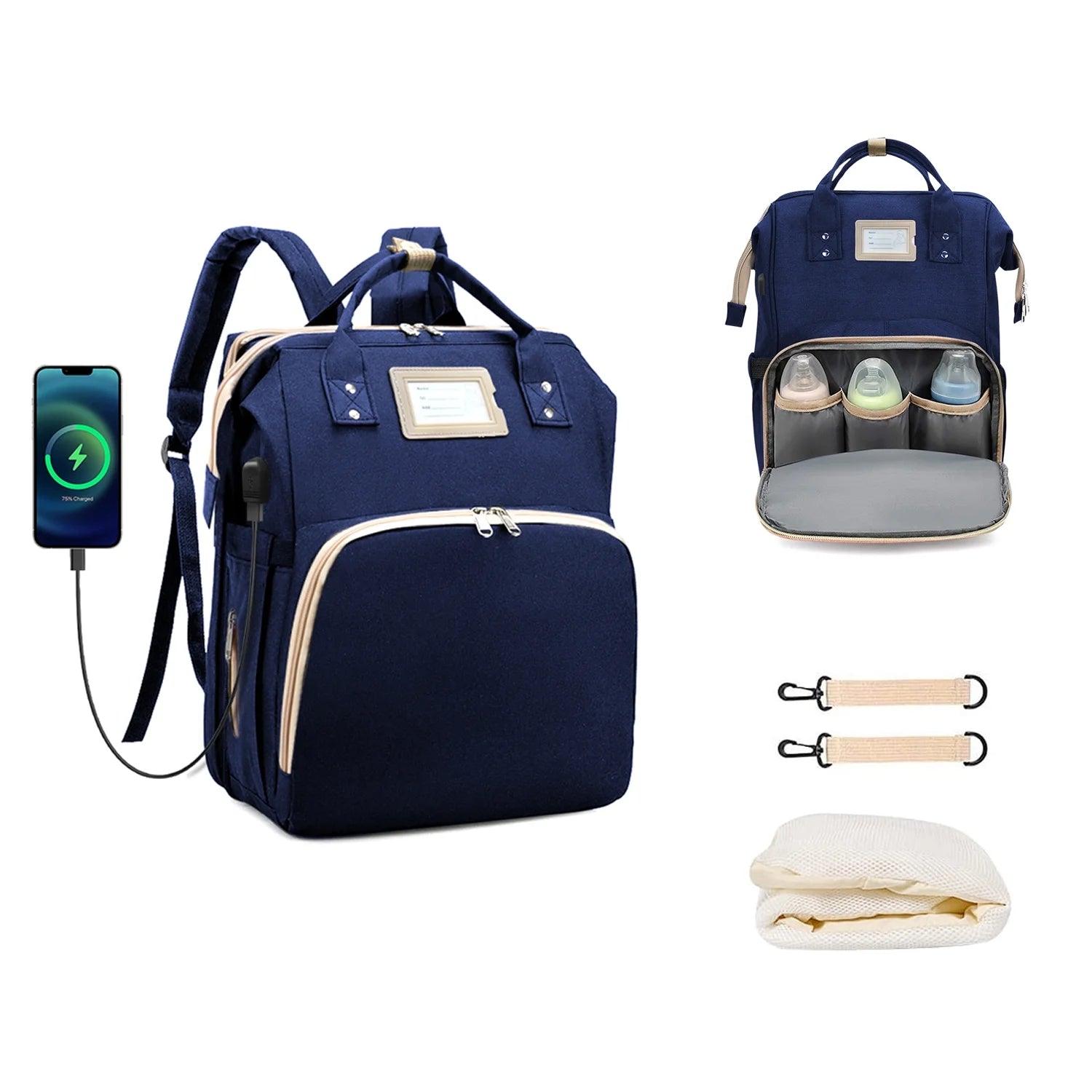 Diaper Bag Backpack, Multifunctional Baby Changing Bag with Foldable Crib & Insulated Milk Bottle Pocket, Large Capacity Travel Backpack with USB Charging Port & Stroller Strap (Black)