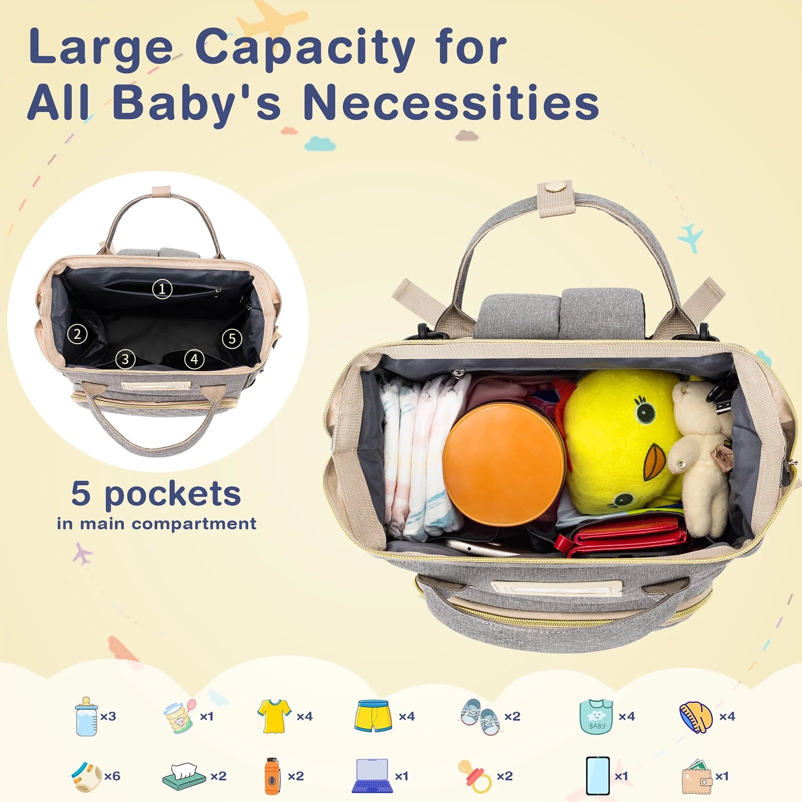 Diaper Bag Backpack, Multifunctional Baby Changing Bag with Insulated Milk Bottle Pocket & Stroller Strap, Large Capacity Travel Backpack with USB Charging Port, Baby Bags for Boys Girls(Gray)