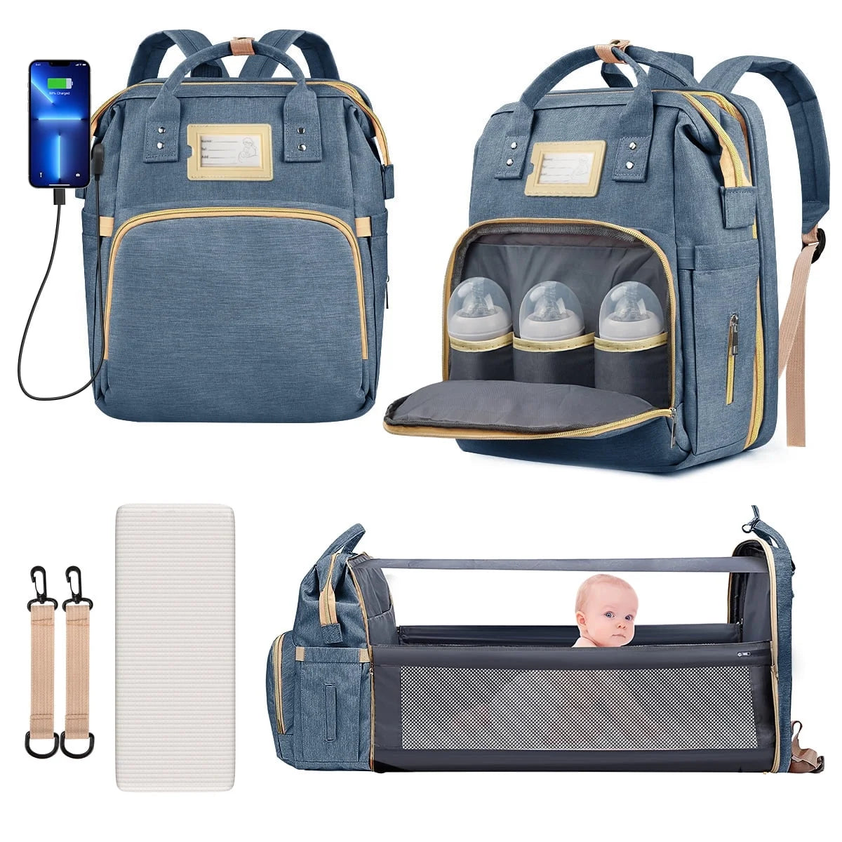 Diaper Bag Backpack, Multifunctional Baby Changing Bag with Foldable Crib & Insulated Milk Bottle Pocket, Large Capacity Travel Backpack with USB Charging Port & Stroller Strap (Grey)