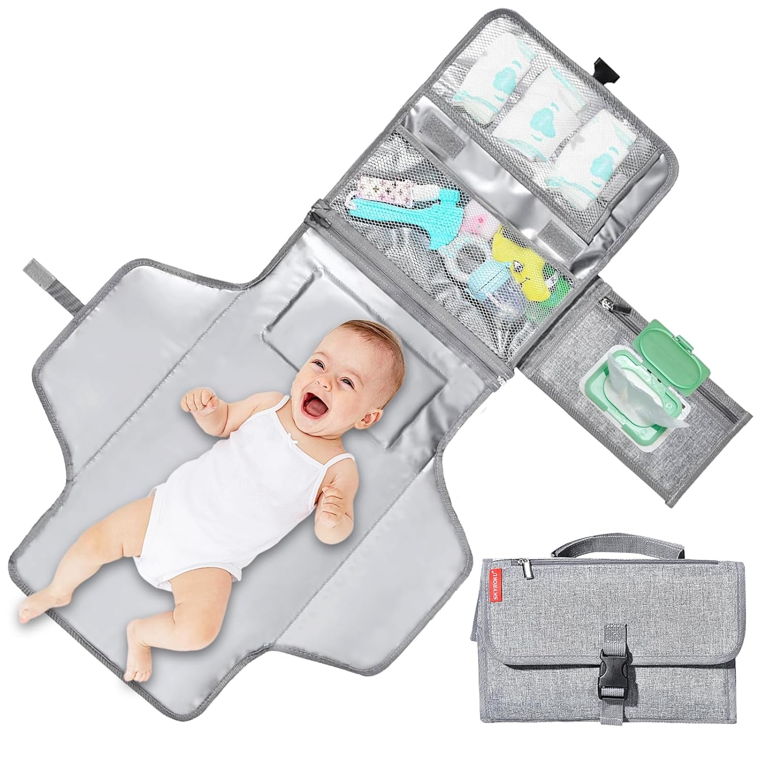 Diaper Changing Pad – Waterproof, Extra-Large, Memory Foam Pillow, Convenient Wet Wipes Bag, Easy to Carry, Portable for Travel – Ideal for Newborns & Infants