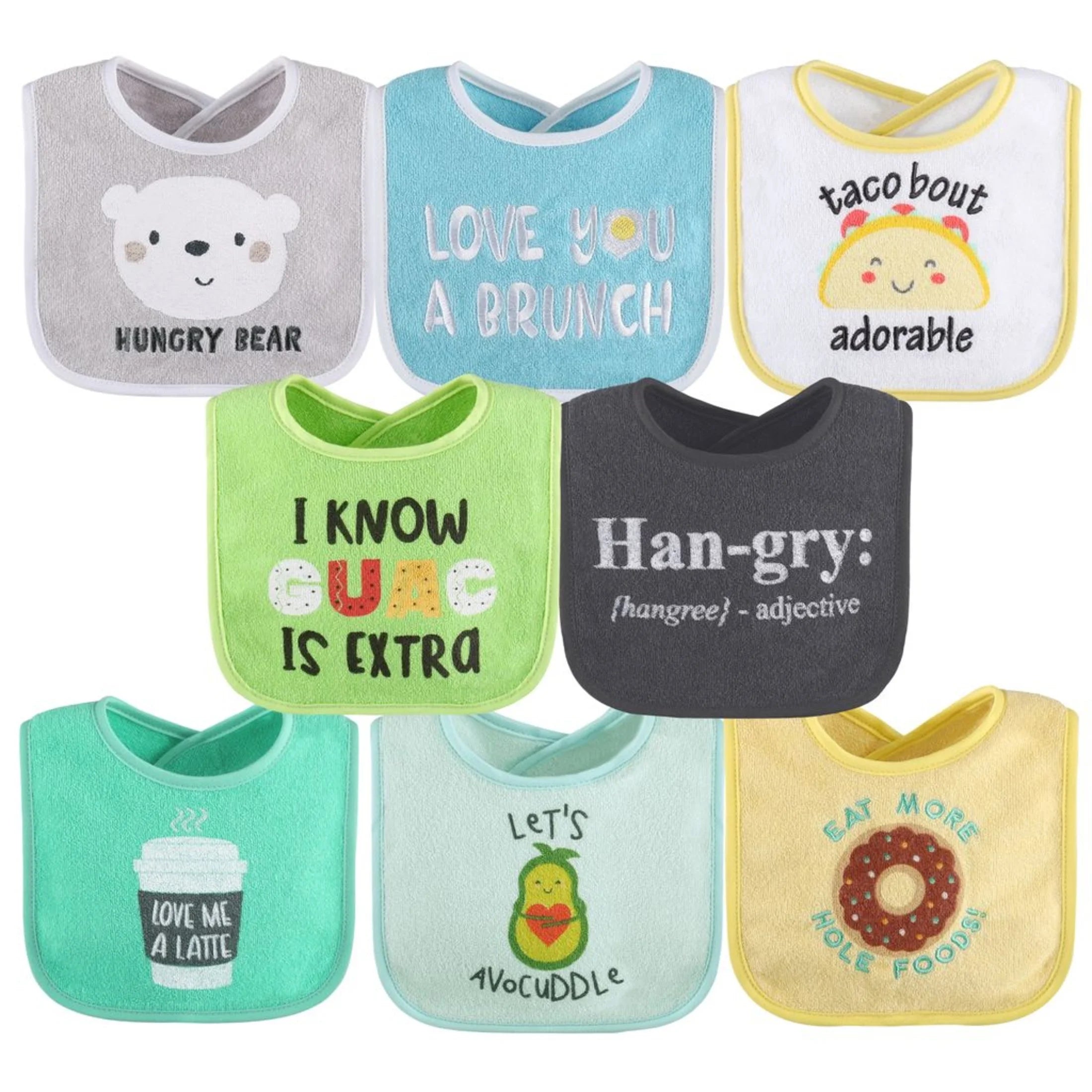 Cotton Baby Bibs for Girls or Boys, 8 Pack, Green, Blue, Yellow