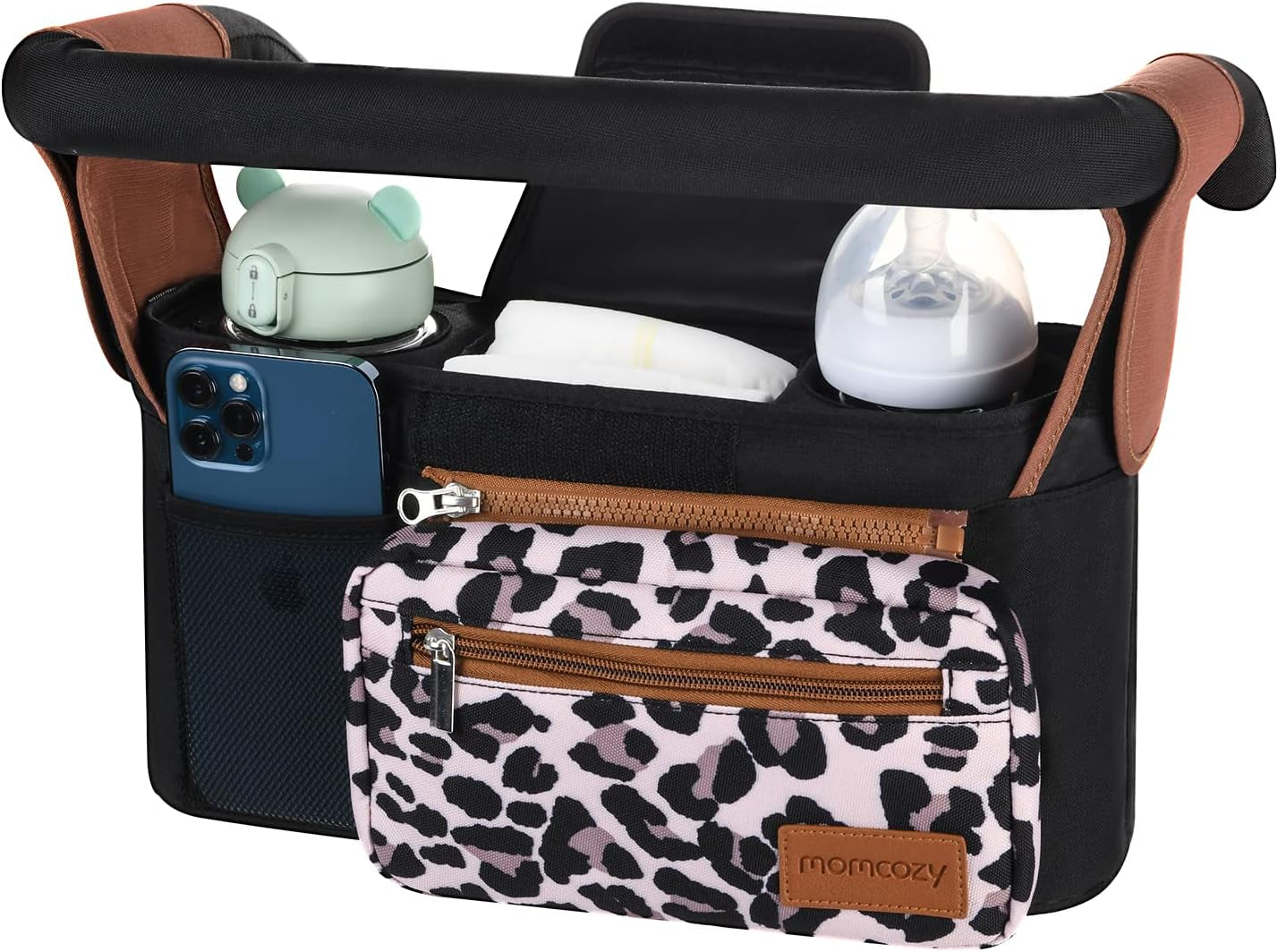 Universal Stroller Organizer with Insulated Cup Holder Detachable Phone Bag & Shoulder Strap, Fits for Stroller like Uppababy, Baby Jogger, Britax, BOB, Umbrella and Pet Stroller