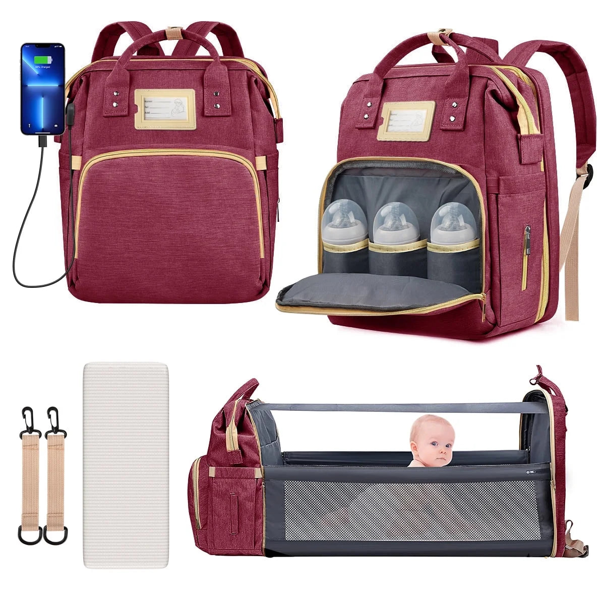 Diaper Bag Backpack, Multifunctional Baby Changing Bag with Foldable Crib & Insulated Milk Bottle Pocket, Large Capacity Travel Backpack with USB Charging Port & Stroller Strap (Grey)