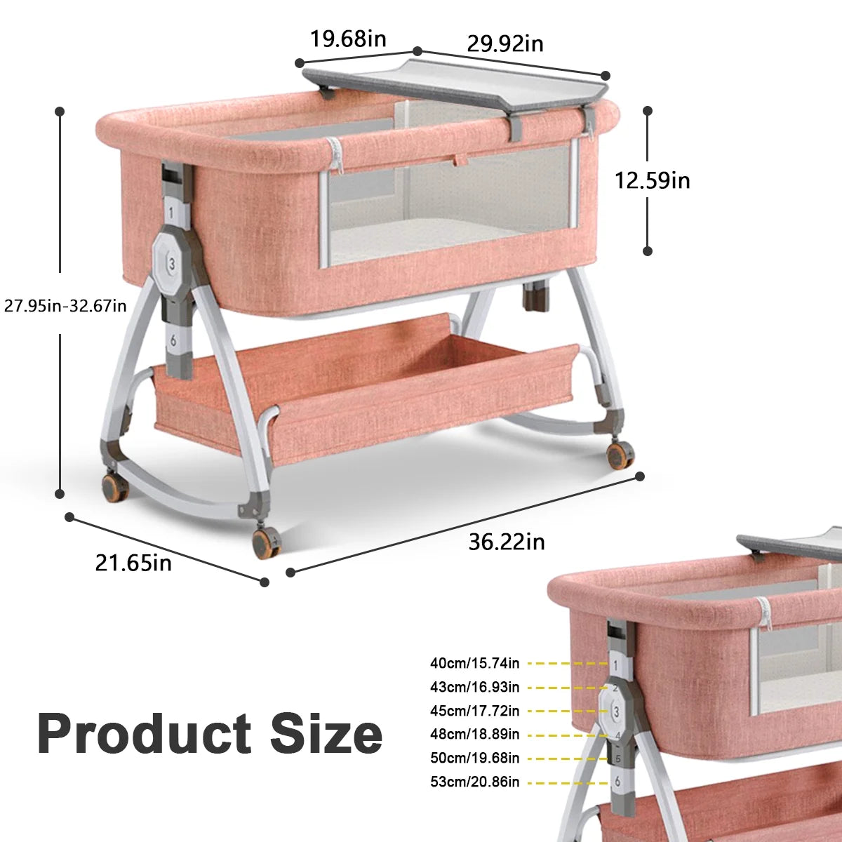 Baby Bassinet with Wheels, Portable Infant Bedside Crib Travel Bassinet, Pink