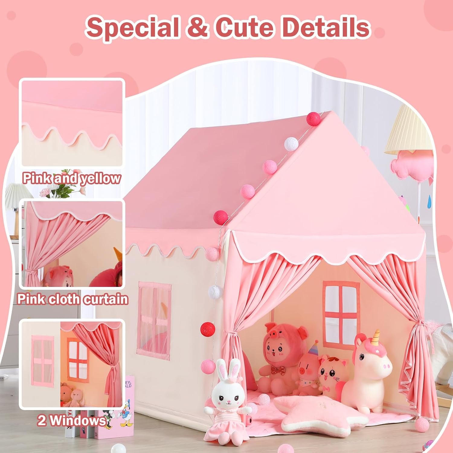 Tienda Infantil Con Tapete Y Luces, Casa De Juegos Rosa Para Niñas.