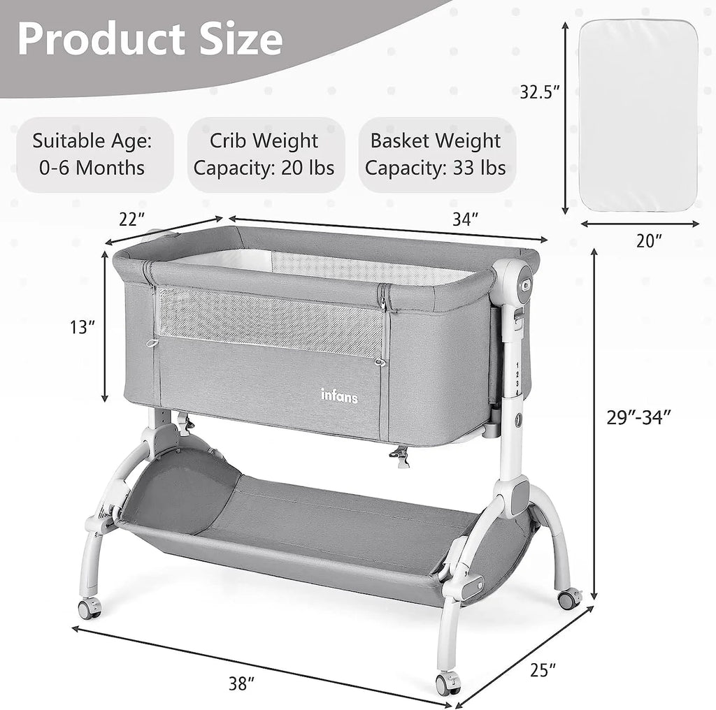 3 in 1 Baby Bassinet, Folding Bedside Sleeper Crib with Mattress Pad, Height Angle Adjustable, Portable Rocking Cradle with Wheels Storage Basket Travel Bag for Infant Newborn (Gray)