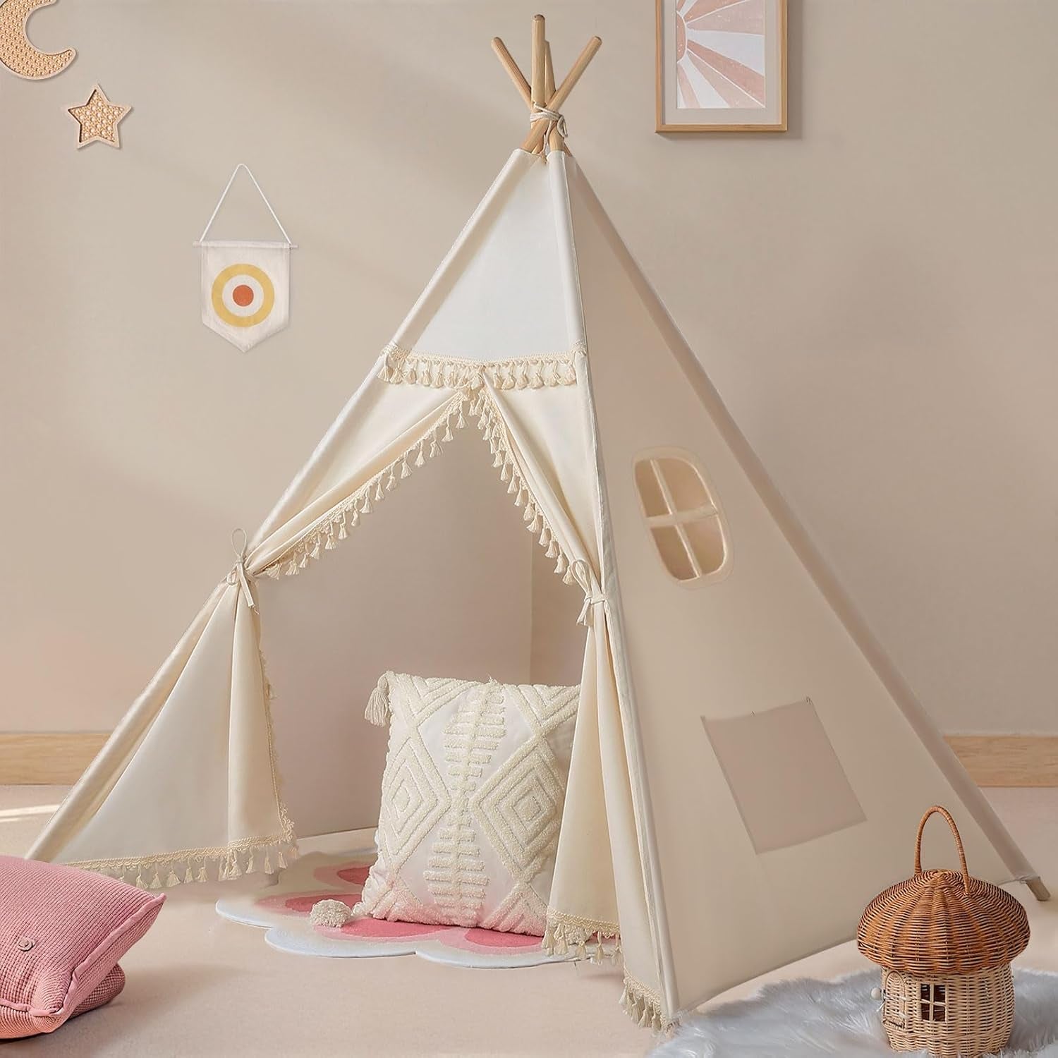 Teepee Tent for Kids Indoor - Natural Canvas Kids Play Tent - Washable Tipi Sleepover Tents with Lights & Carry Bag, Outdoor Toddler Tents for Girls & Boys - Foldable Playroom Gift Toys