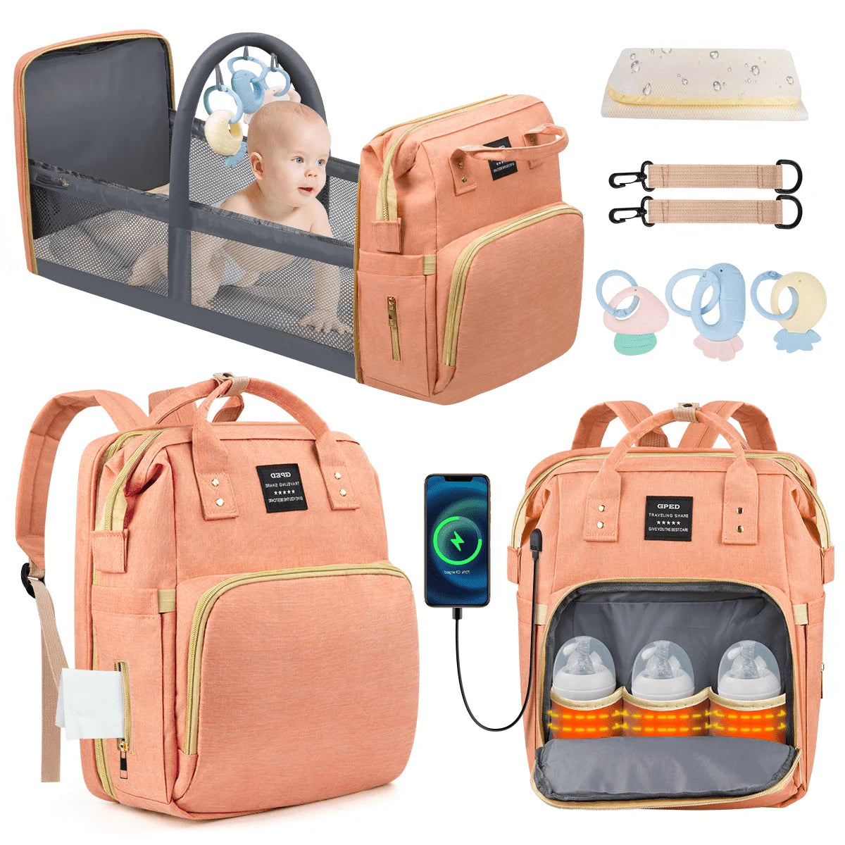 Diaper Bag Backpack, Multifunctional Baby Changing Bag with Foldable Crib & Insulated Milk Bottle Pocket, Large Capacity Travel Backpack with USB Charging Port & Stroller Strap (Black)