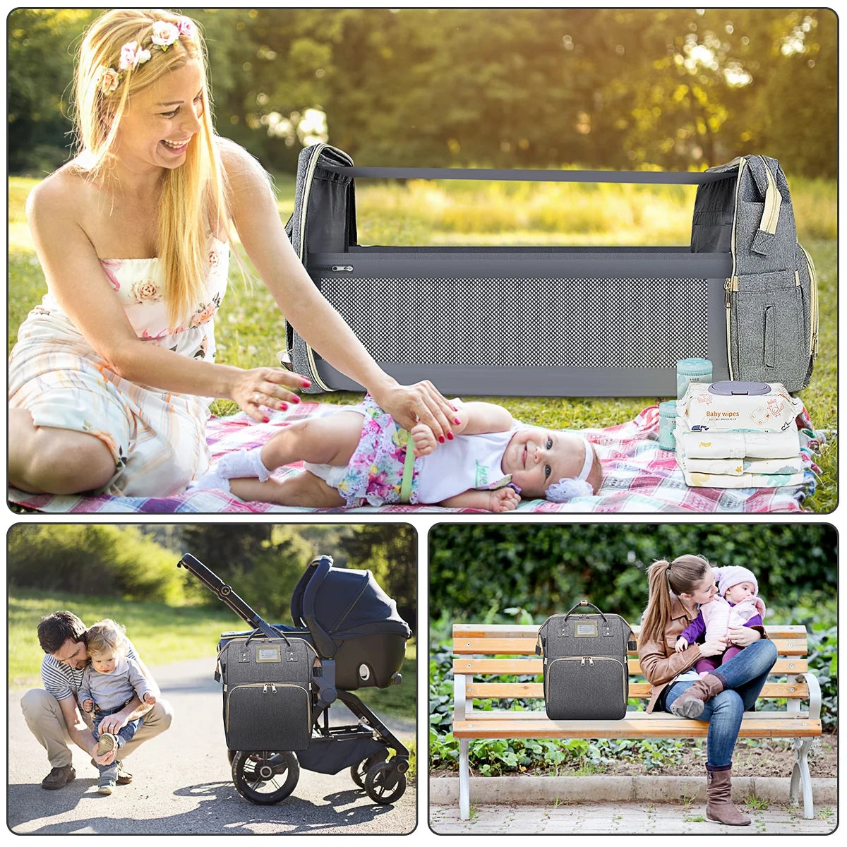 Diaper Bag Backpack, Multifunctional Baby Changing Bag with Foldable Crib & Insulated Milk Bottle Pocket, Large Capacity Travel Backpack with USB Charging Port & Stroller Strap (Grey)