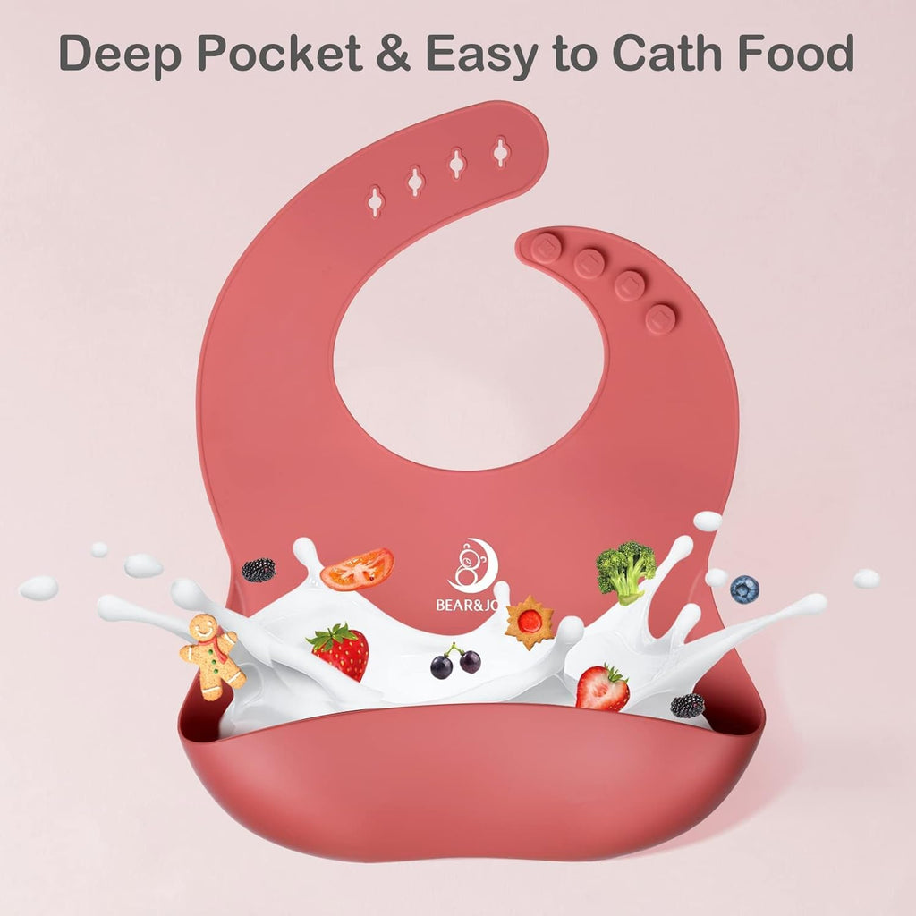 Silicone Bibs for Babies, Soft Adjustable Fit Waterproof Bibs, Feeding Bibs with Food Catcher Pockets for Girls Boys