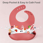 Silicone Bibs for Babies, Soft Adjustable Fit Waterproof Bibs, Feeding Bibs with Food Catcher Pockets for Girls Boys