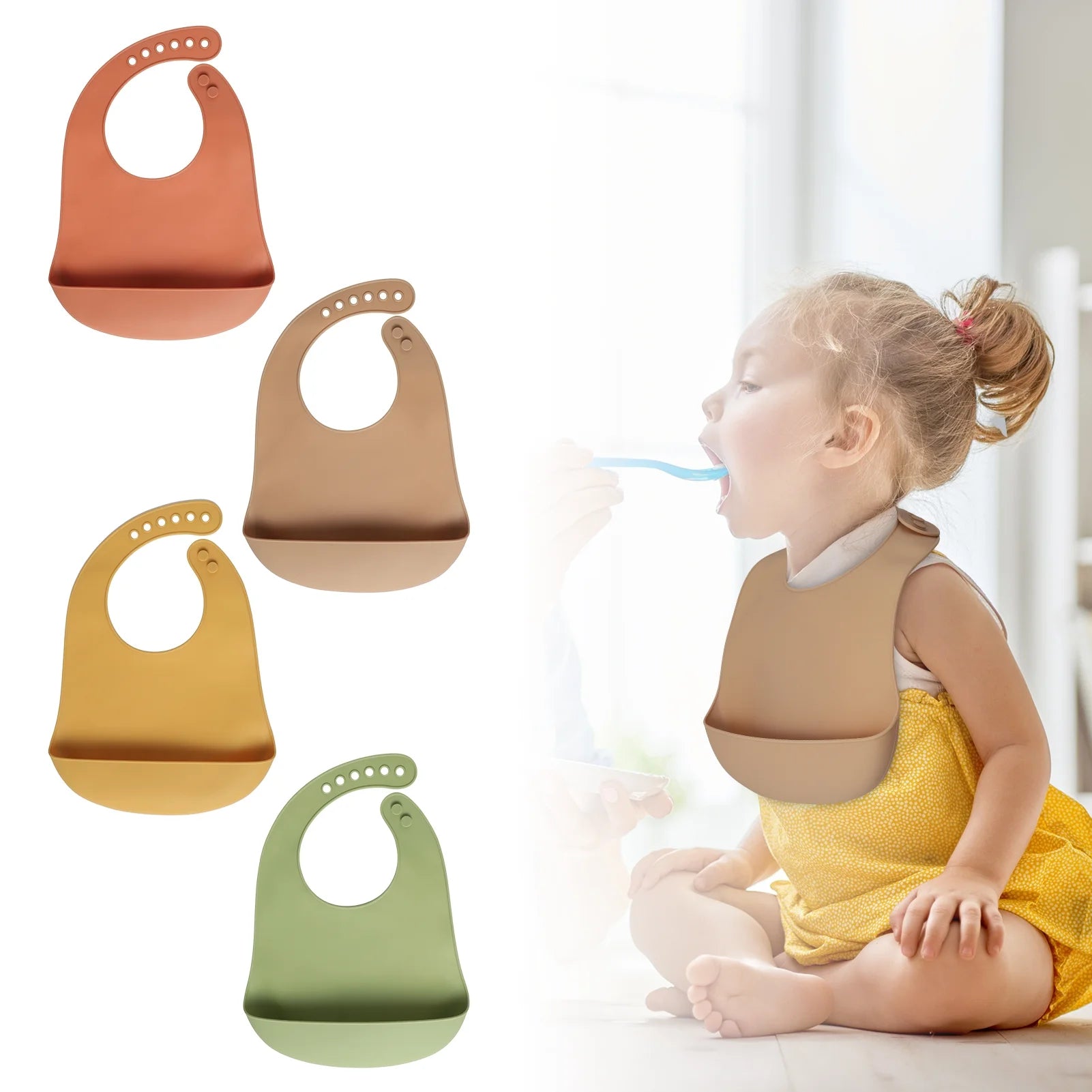 4Pcs Silicone Baby Bibs, Soft Waterproof Feeding Bibs with Food Catcher Pocket, BPA Free Adjustable Bibs for Baby Boy and Girl(Yellow)