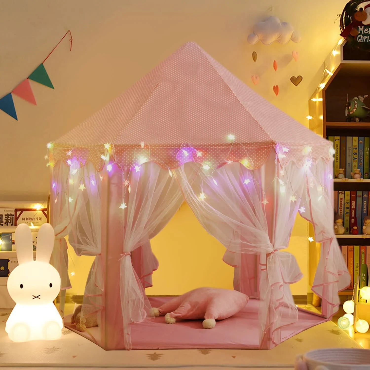 Princess Castle Play Tents with LED Star Lights,Large Size 55" X 53" Pink Hexagon Playhouses Kids Toys for Children Toddlers Indoor Outdoor Games