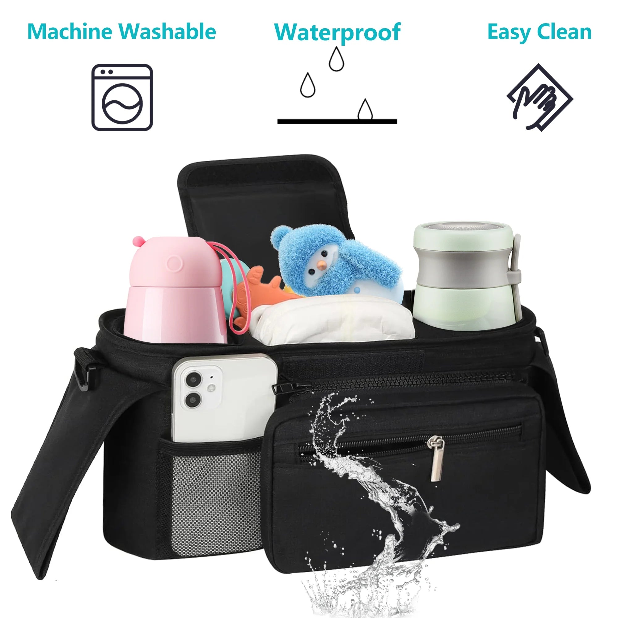 Universal Stroller Organizer Non Slip Straps Stroller Caddy with Insulated 2 Cup Holder-Detachable Phone Bag & Shoulder Strap,Fits for Stroller like Uppababy,Baby Jogger and Pet Stroller,Black