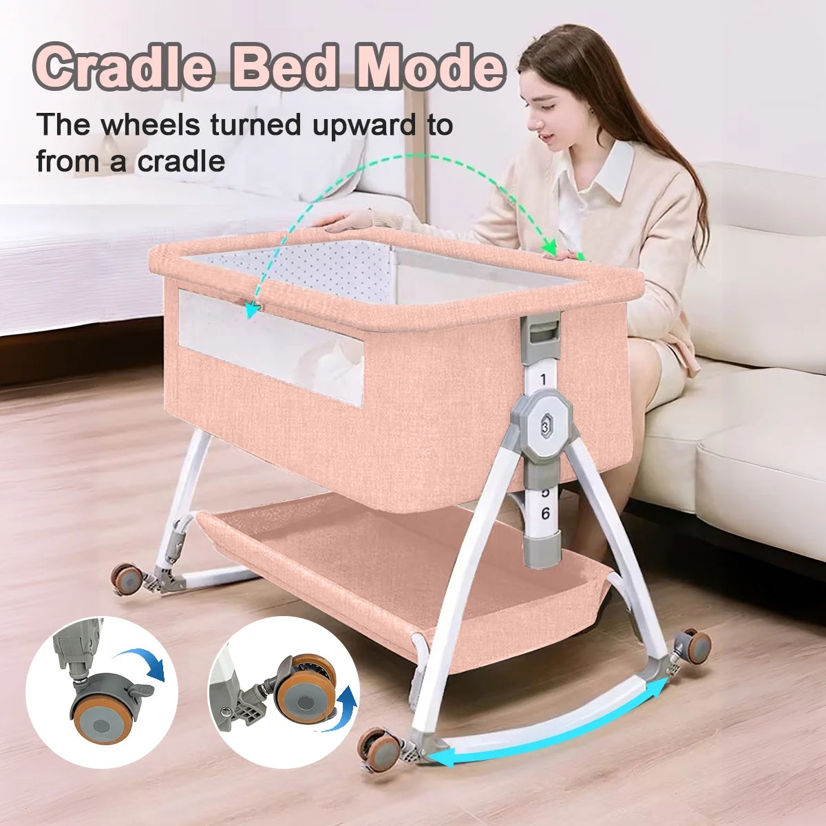 Baby Bassinet with Wheels, Portable Infant Bedside Crib Travel Bassinet, Pink