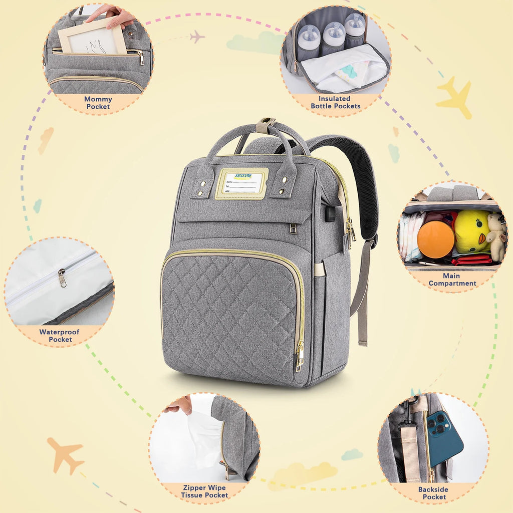 Diaper Bag Backpack, Multifunctional Baby Changing Bag with Insulated Milk Bottle Pocket & Stroller Strap, Large Capacity Travel Backpack with USB Charging Port, Baby Bags for Boys Girls(Gray)