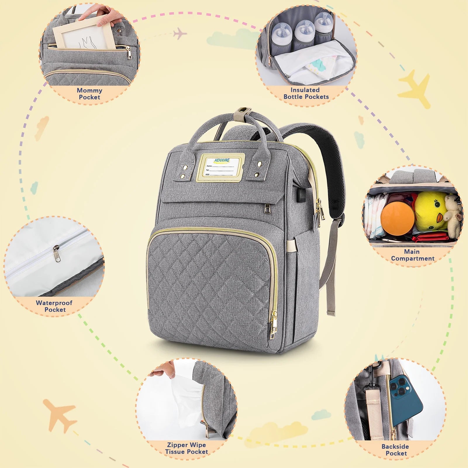 Diaper Bag Backpack, Multifunctional Baby Changing Bag with Insulated Milk Bottle Pocket & Stroller Strap, Large Capacity Travel Backpack with USB Charging Port, Baby Bags for Boys Girls(Gray)