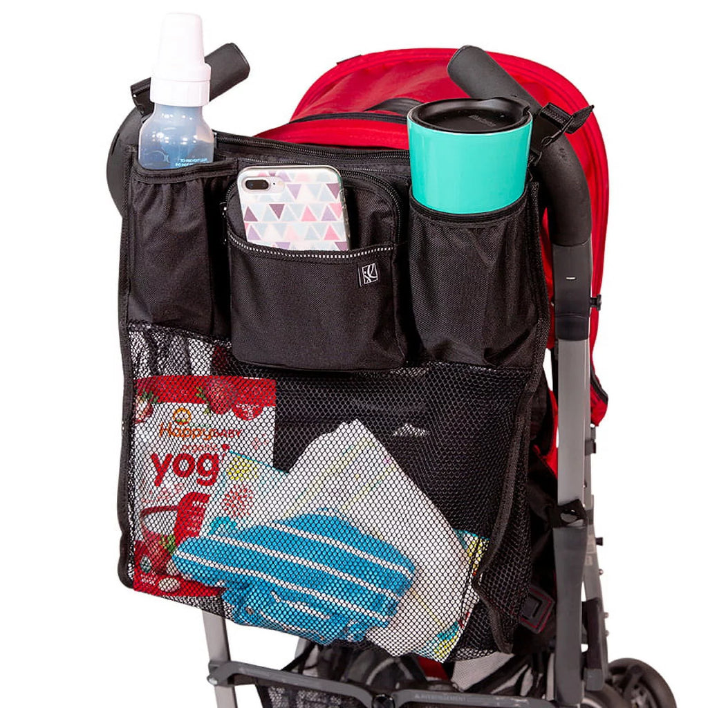 Cups 'N Cargo Universal Stroller Organizer and Storage with Mesh Compartment, Black. Adult Use.