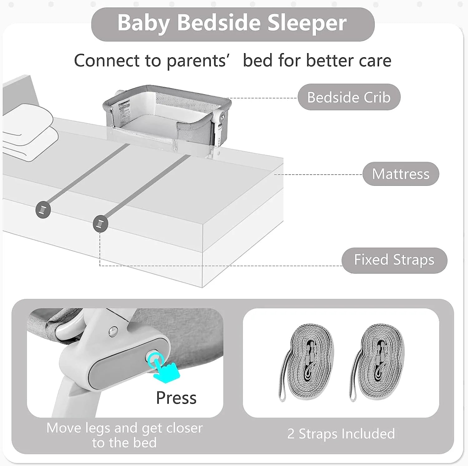 3 in 1 Baby Bassinet, Folding Bedside Sleeper Crib with Mattress Pad, Height Angle Adjustable, Portable Rocking Cradle with Wheels Storage Basket Travel Bag for Infant Newborn (Gray)