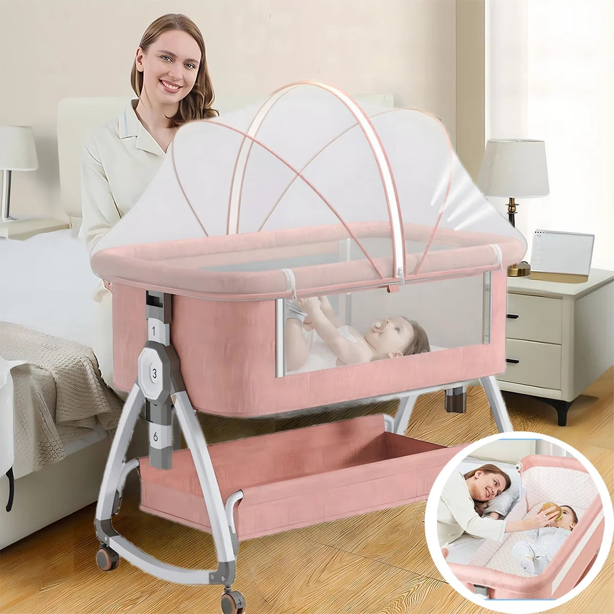 Baby Bassinet with Wheels, Portable Infant Bedside Crib Travel Bassinet, Pink