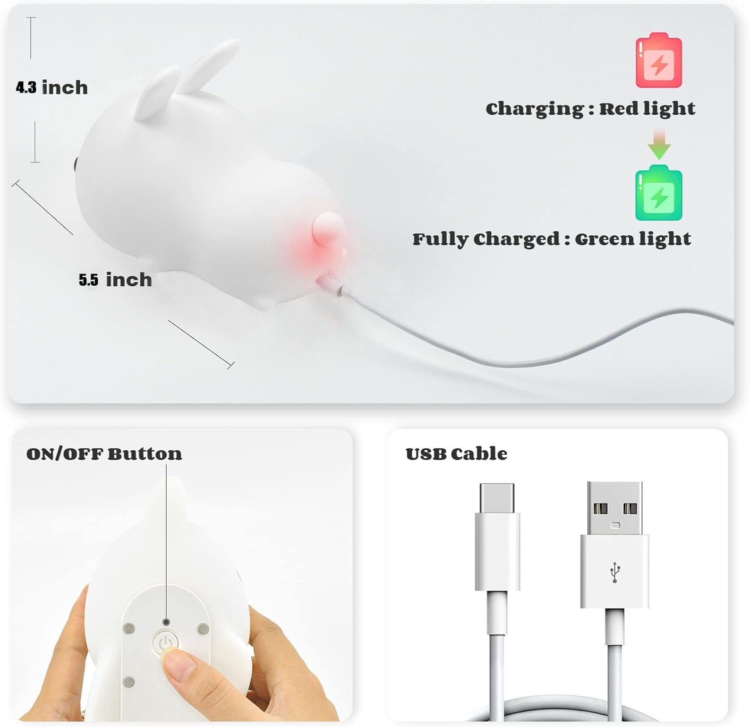 Cute Bunny Night Light, USB Rechargeable Cute Night Ligh with Touch Sensor and Remote Control 4 Modes 16 Colors Kid Night Light for Girls, Childrens, Toddler, Baby, and Kids Christmas Gifts