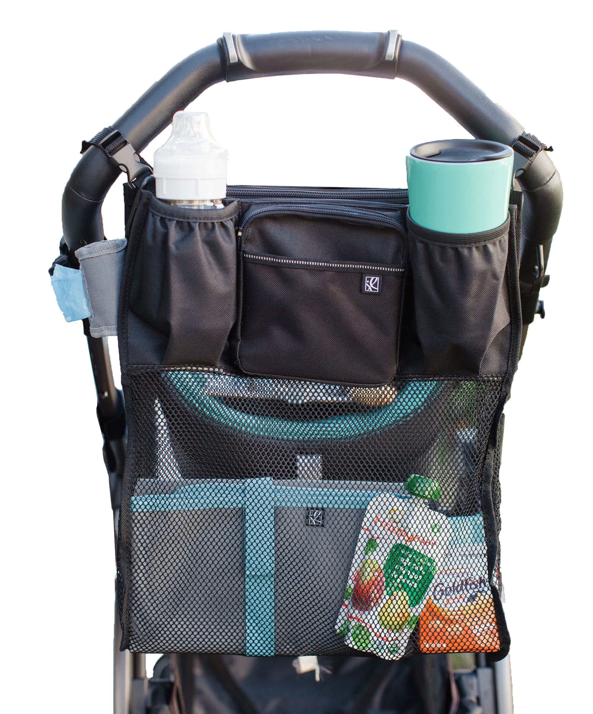 Cups 'N Cargo Universal Stroller Organizer and Storage with Mesh Compartment, Black. Adult Use.