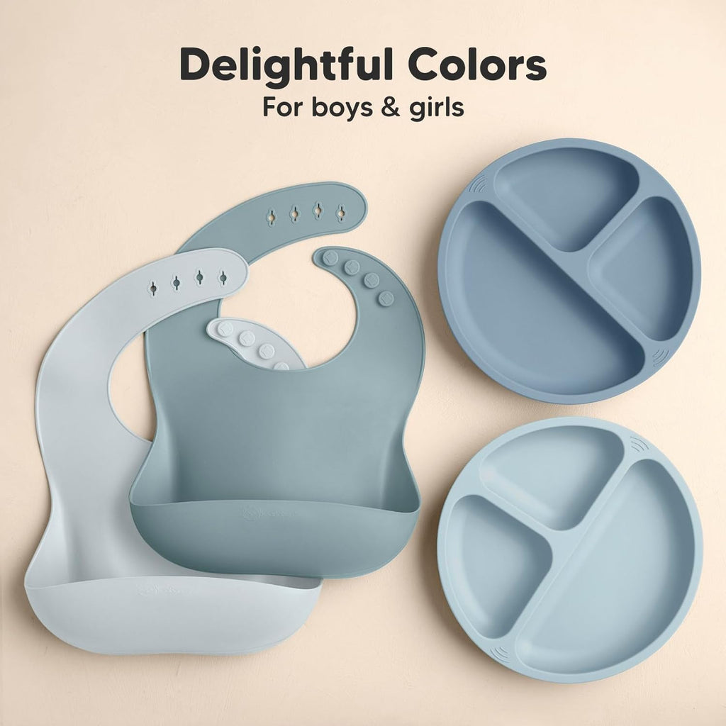 2-Pack Silicone Baby Bibs for Eating - Sturdy Food-Grade Silicone Bibs for Babies Girl, Boy, Large Food Catcher, Clean & Put on Easily, Waterproof Toddler Feeding Essentials (Alps)