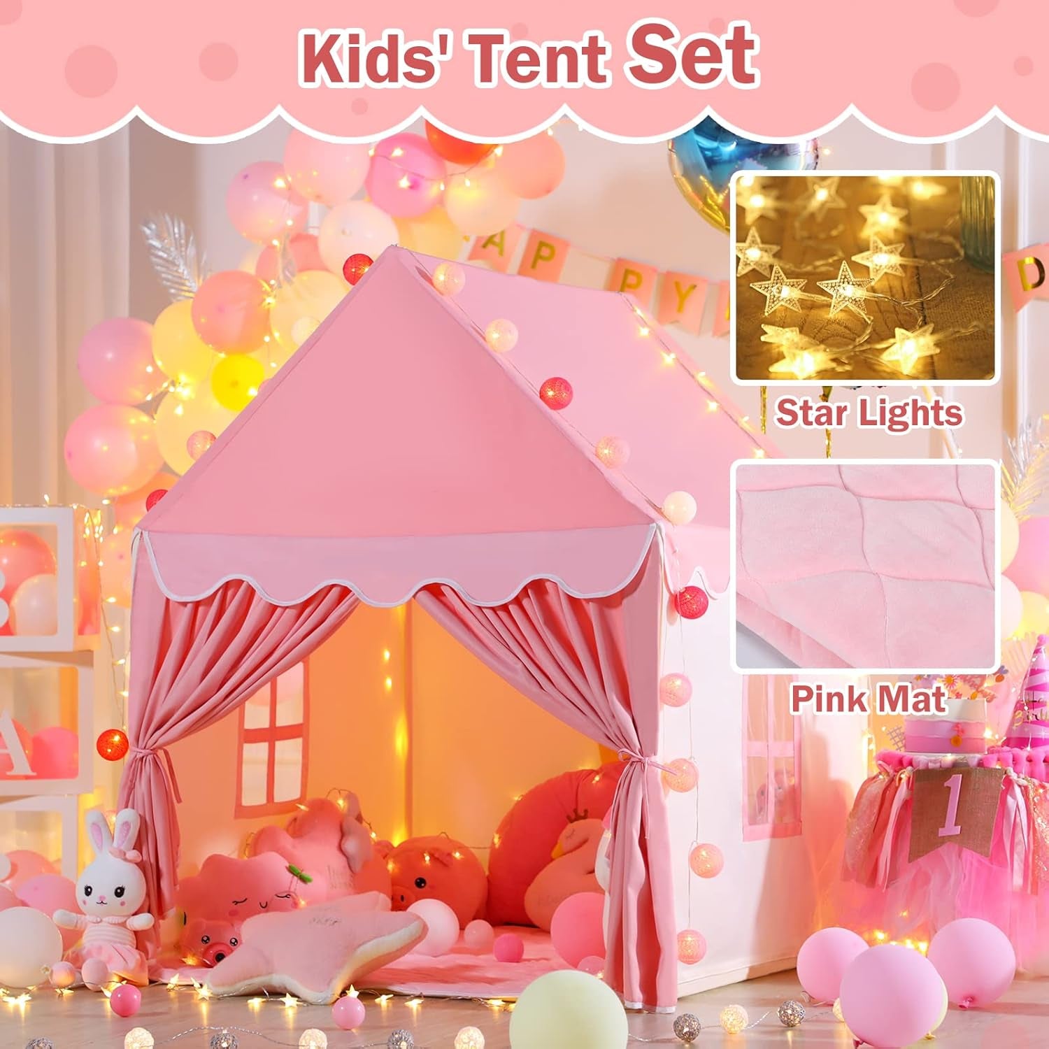 Tienda Infantil Con Tapete Y Luces, Casa De Juegos Rosa Para Niñas.