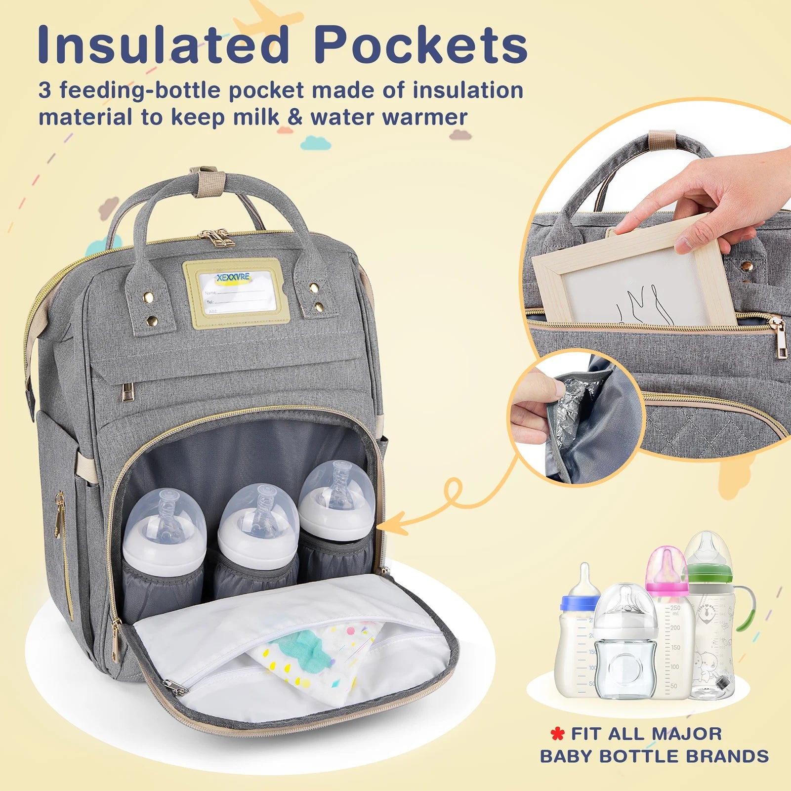 Diaper Bag Backpack, Multifunctional Baby Changing Bag with Insulated Milk Bottle Pocket & Stroller Strap, Large Capacity Travel Backpack with USB Charging Port, Baby Bags for Boys Girls(Gray)
