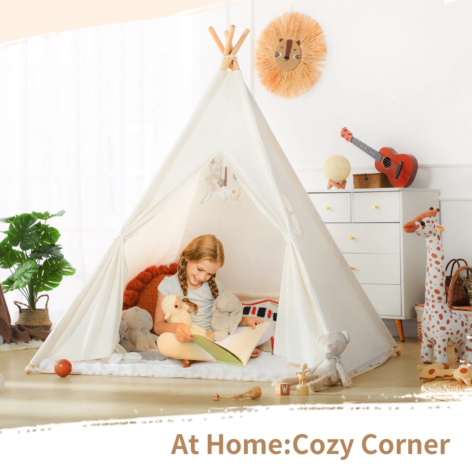 Kids Teepee Tent for 3-8 Years Kids Toddlers White Canvas Playhouse Indoor Outdoor Games