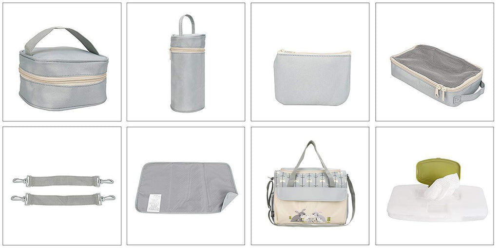 Soho Animals 10-Piece Diaper Tote Bag Set in Gray with Rabbit Design