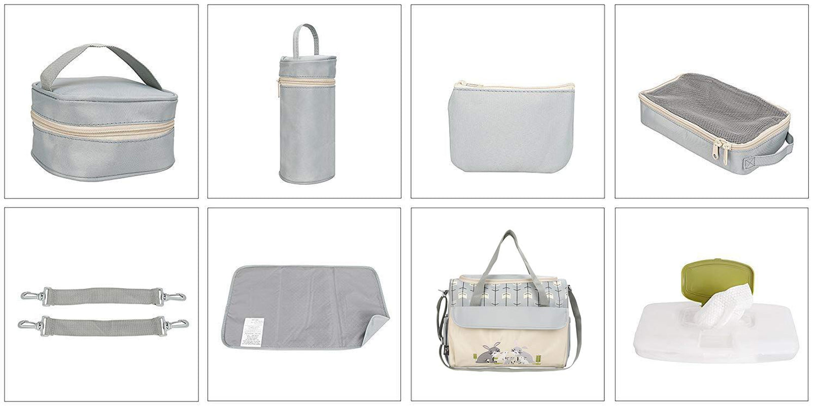 Soho Animals 10-Piece Diaper Tote Bag Set in Gray with Rabbit Design