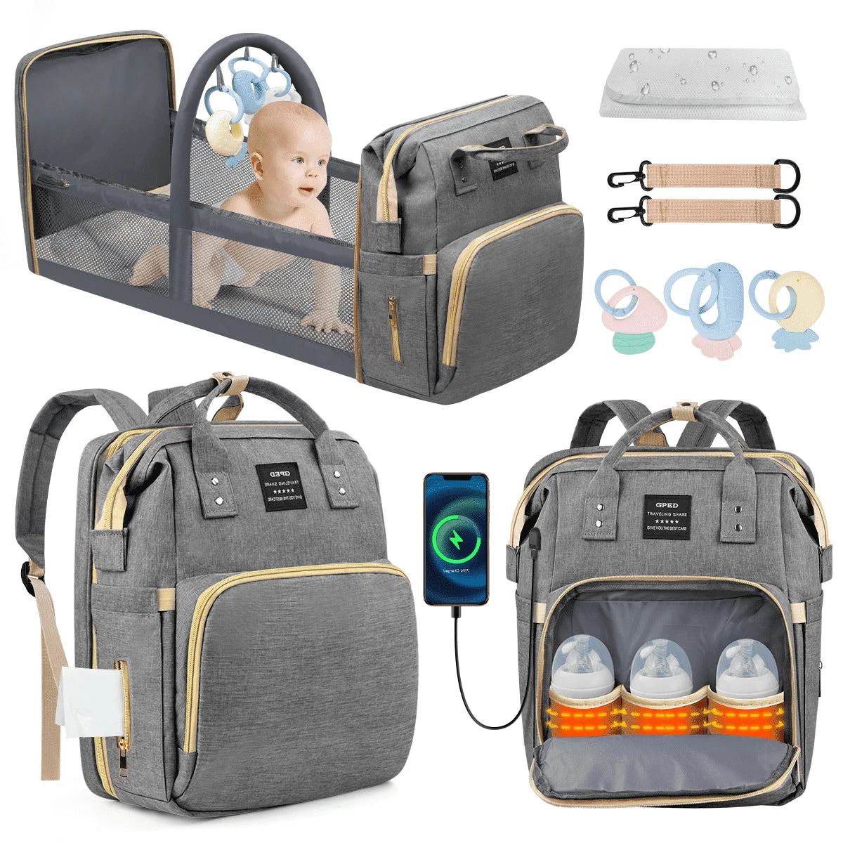 Diaper Bag Backpack, Multifunctional Baby Changing Bag with Foldable Crib & Insulated Milk Bottle Pocket, Large Capacity Travel Backpack with USB Charging Port & Stroller Strap (Black)