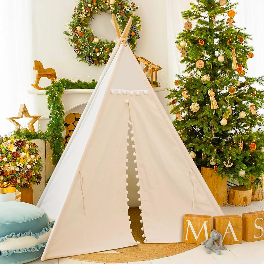 Teepee Tent for Kids, Play Tent with Pompom Ball Design,Washable Foldable Kids Tent for Indoor and Outdoor, Playhouse Toys for Toddler, Boys and Girls