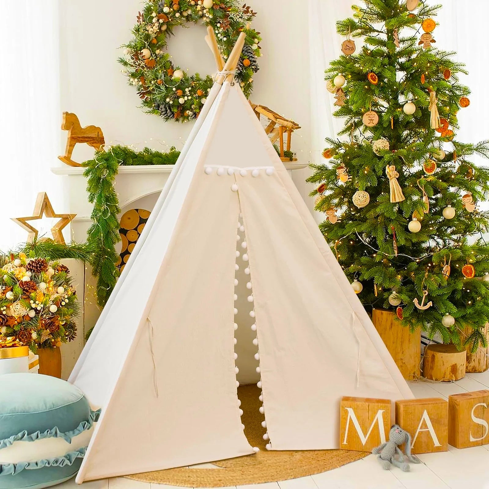 Teepee Tent for Kids, Play Tent with Pompom Ball Design,Washable Foldable Kids Tent for Indoor and Outdoor, Playhouse Toys for Toddler, Boys and Girls