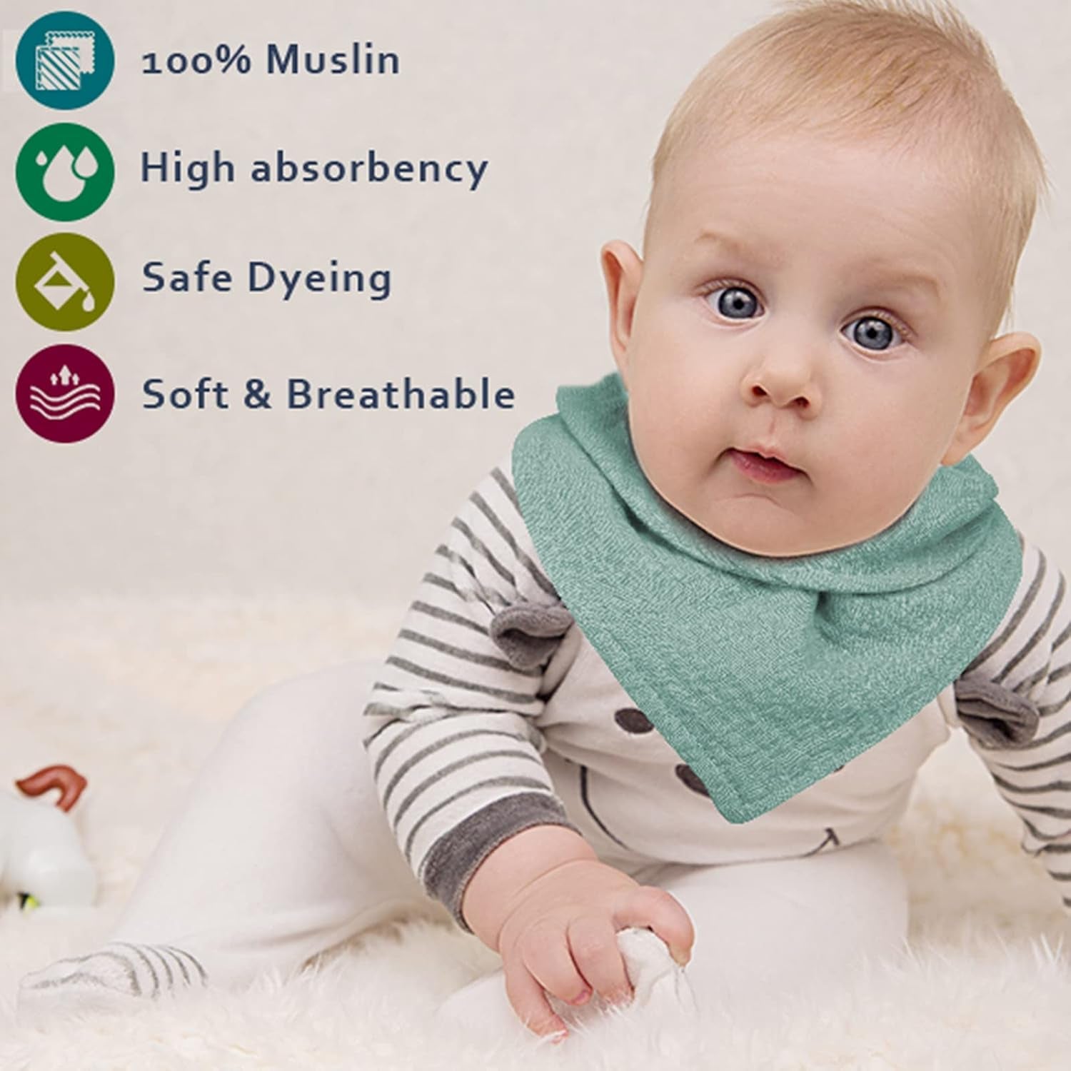 Muslin Baby Bandana Bibs, Drool Bibs for Baby Boys & Girls, Breathable/Soft/Absorbent Summer Bibs for Unisex Newborn/Infant, Neutral Solid Colors, 8 Pack