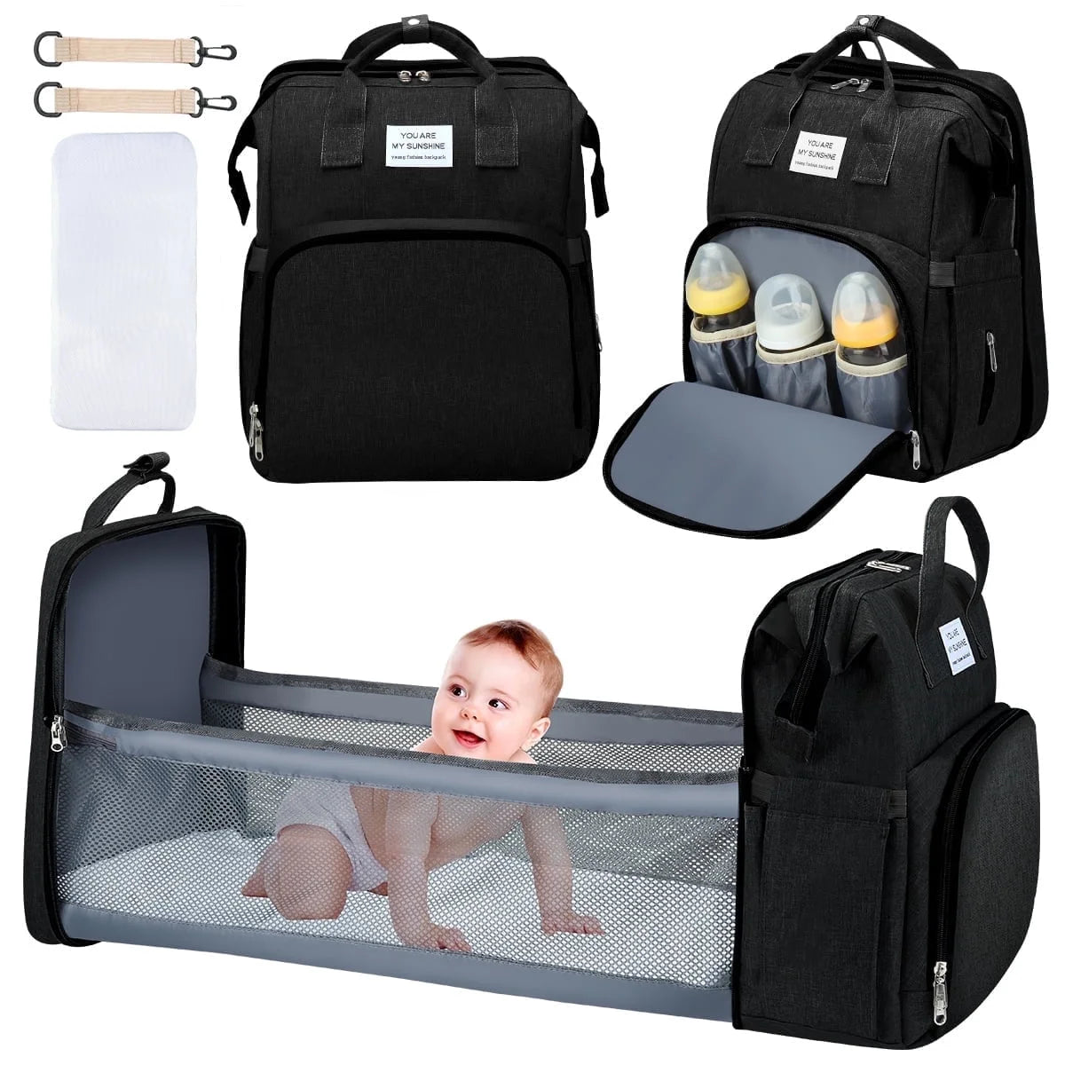 Diaper Bag Backpack,  Multifunction 3 in 1 Waterproof Travel Back Pack, Baby Changing Bags with Changing Pad, Stroller Straps, Unisex, Grey