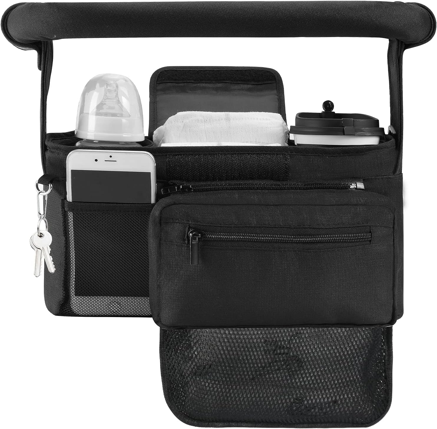 Universal Stroller Organizer with Insulated Cup Holder Detachable Phone Bag & Shoulder Strap, Fits for Stroller like Uppababy, Baby Jogger, Britax, BOB, Umbrella and Pet Stroller