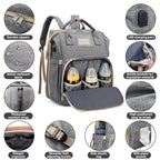 Diaper Bag Backpack, Multifunctional Baby Changing Bag with Foldable Crib & Insulated Milk Bottle Pocket, Large Capacity Travel Backpack with USB Charging Port & Stroller Strap (Grey)