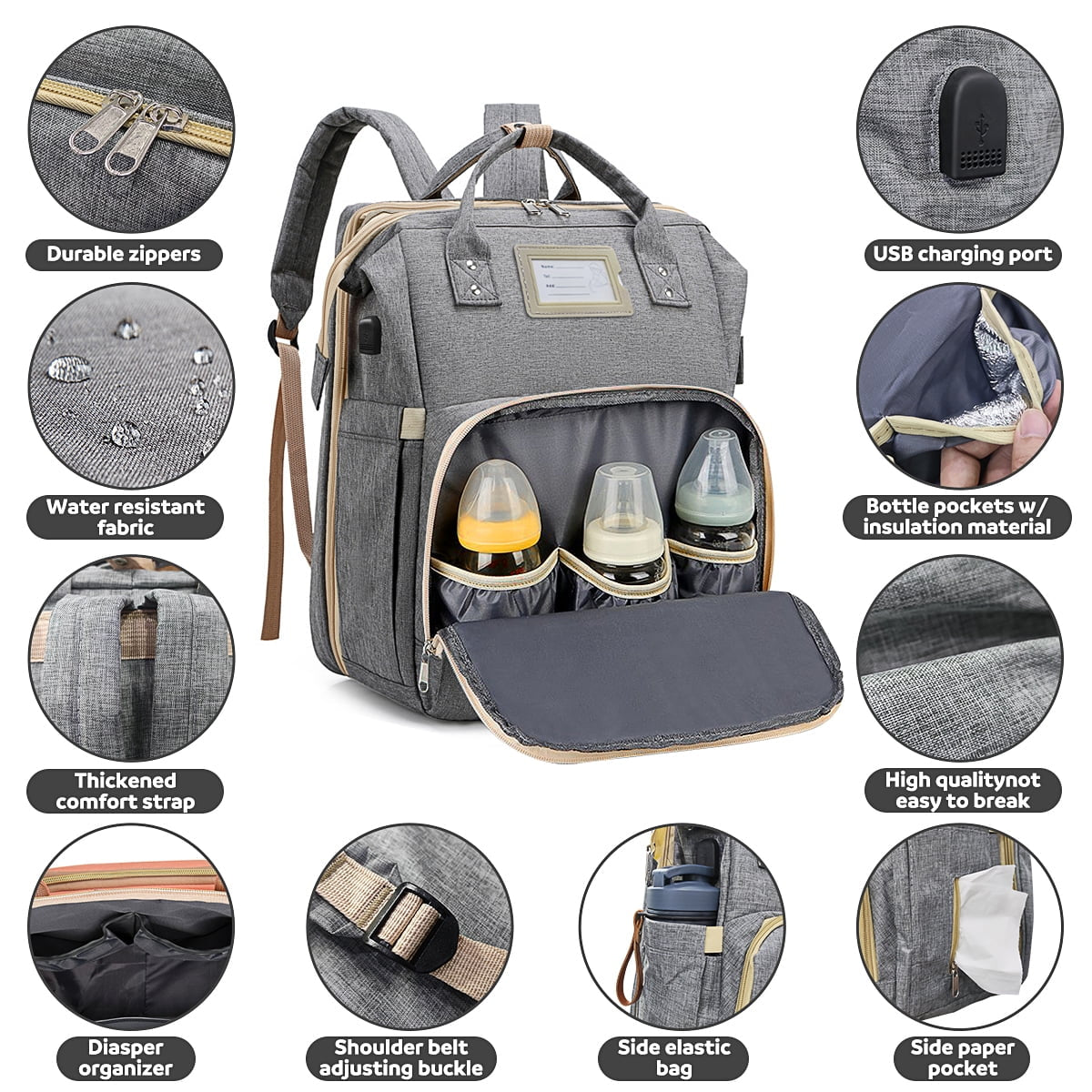 Diaper Bag Backpack, Multifunctional Baby Changing Bag with Foldable Crib & Insulated Milk Bottle Pocket, Large Capacity Travel Backpack with USB Charging Port & Stroller Strap (Grey)