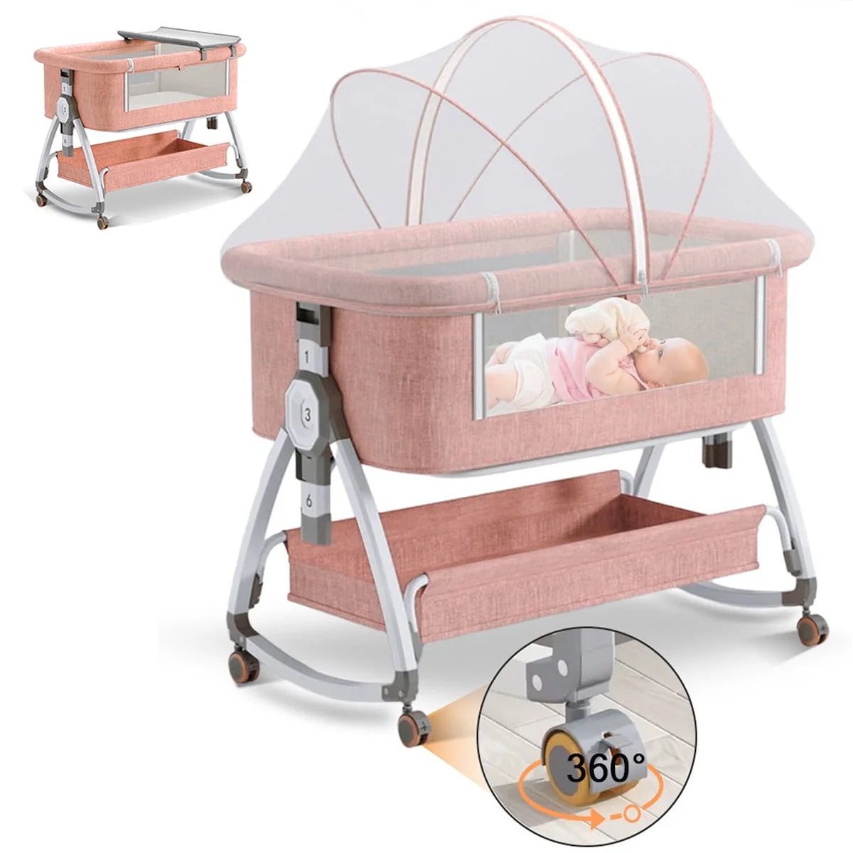 Baby Bassinet with Wheels, Portable Infant Bedside Crib Travel Bassinet, Pink